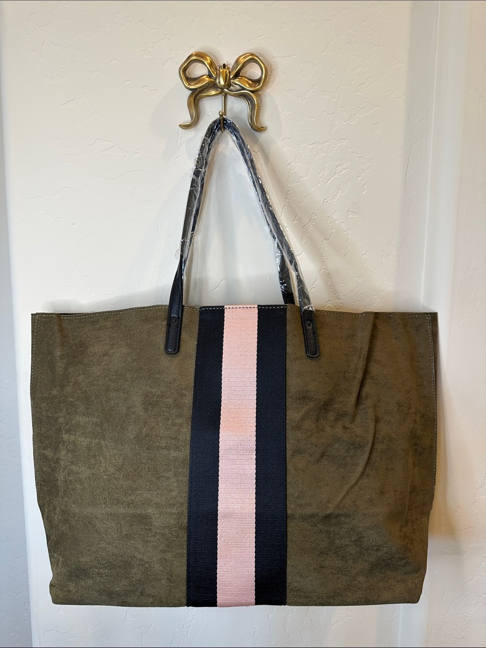 Olive Suede Tote with Black and Pink Center Stripe - Picture 2 of 12